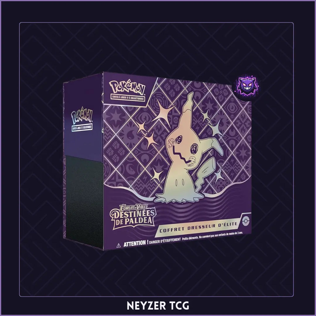 ETB Destinées de Paldea du bloc ecarlate et violet avec le pokémon Mimiqui