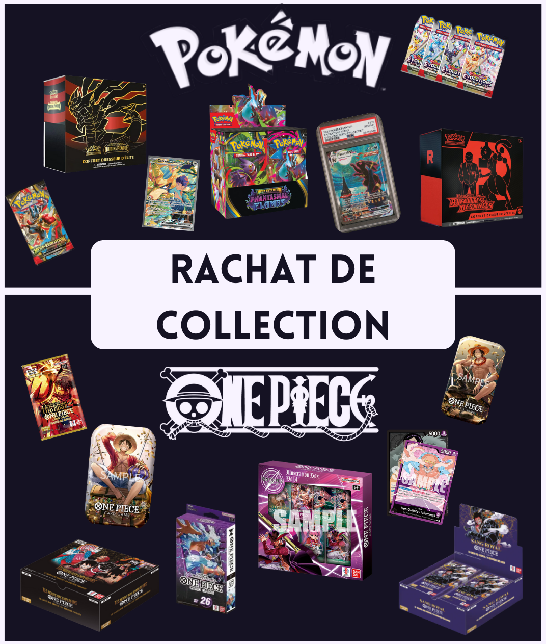Affiche : rachat de collection proposé par NeyzerTCG pour du Pokemon et du One Piece
